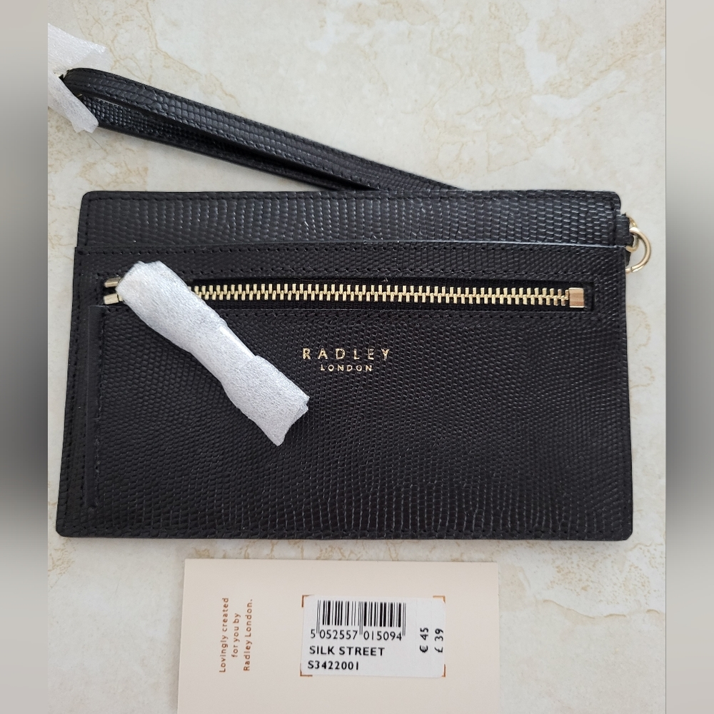 Radley London Silk Street Black Leather Card Holder Wristlet W Clip, New W Tags